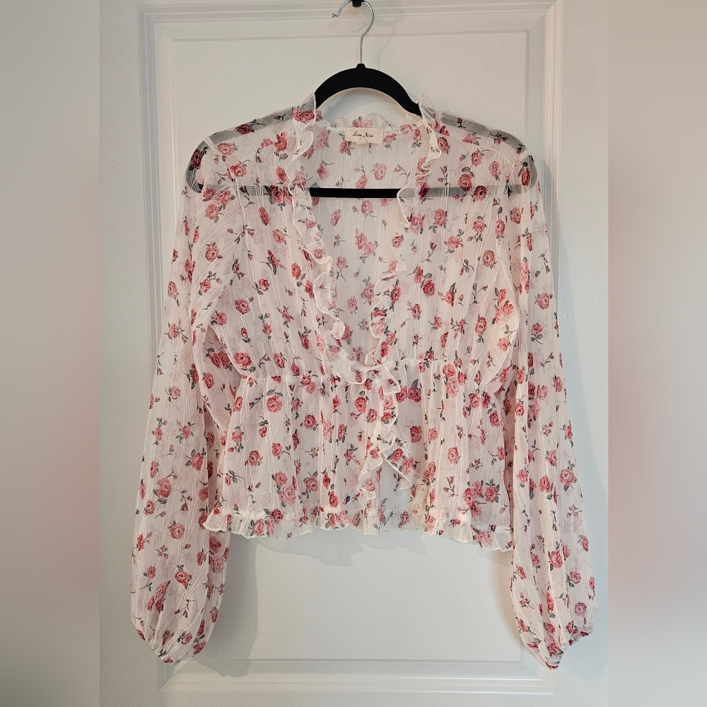 Love Notes Sheer Floral Blouse - White and Red